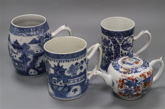 Three Chinese blue and white mugs, Qianlong period and a Chinese Imari teapot and cover, early 18th century tallest 15cm